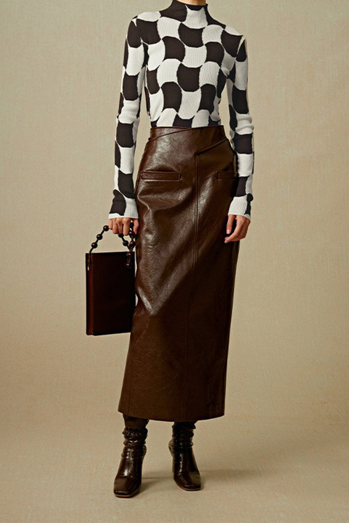 Genuine Leather Elastic-Waist Column Maxi Skirt  Fibflx