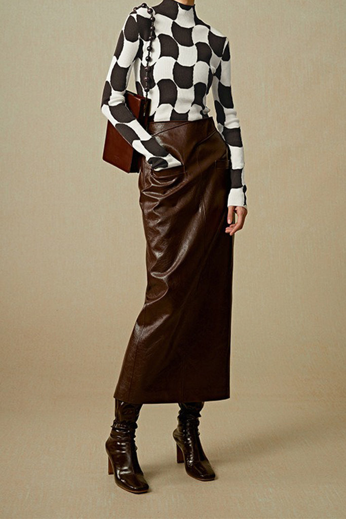 Genuine Leather Elastic-Waist Column Maxi Skirt  Fibflx