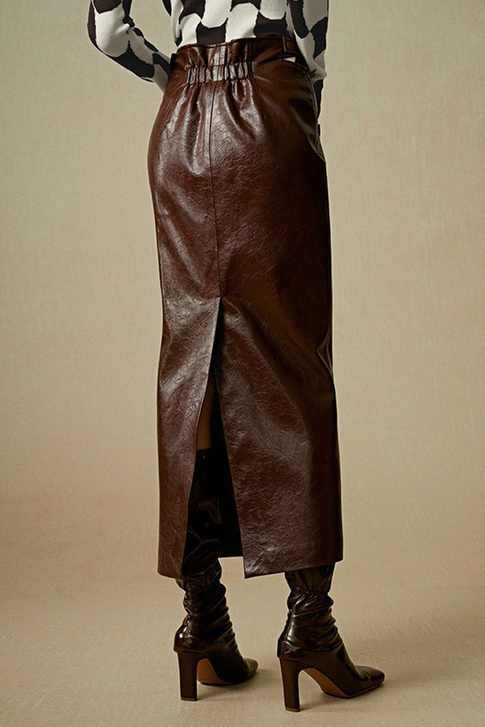 Genuine Leather Elastic-Waist Column Maxi Skirt  Fibflx