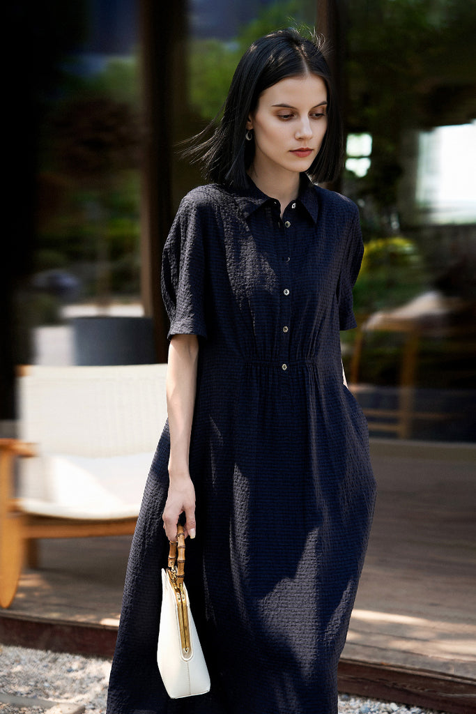 Gingham Linen-Blend Short-Sleeve Midi Shirt Dress - Fibflx