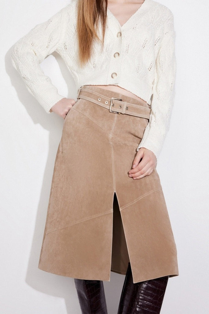 Goatskin Suede Belted  A-Line Midi Skirt with Slit  Fibflx