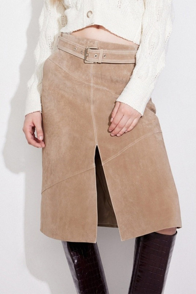 Goatskin Suede Belted  A-Line Midi Skirt with Slit  Fibflx