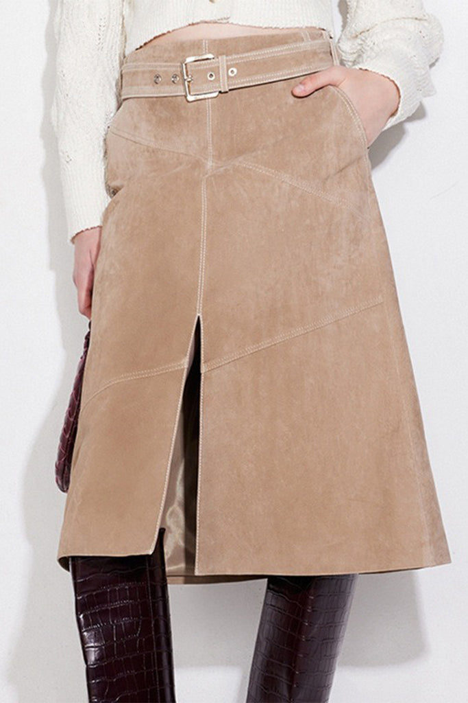 Goatskin Suede Belted  A-Line Midi Skirt with Slit  Fibflx