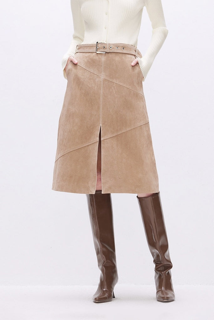 Goatskin Suede Belted  A-Line Midi Skirt with Slit  Fibflx