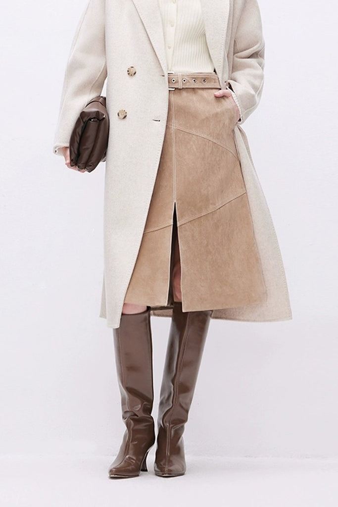 Goatskin Suede Belted  A-Line Midi Skirt with Slit  Fibflx