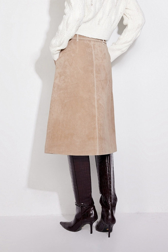 Goatskin Suede Belted  A-Line Midi Skirt with Slit  Fibflx