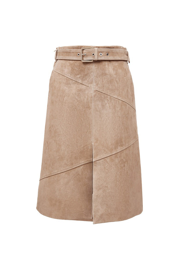 Goatskin Suede Belted  A-Line Midi Skirt with Slit  Fibflx