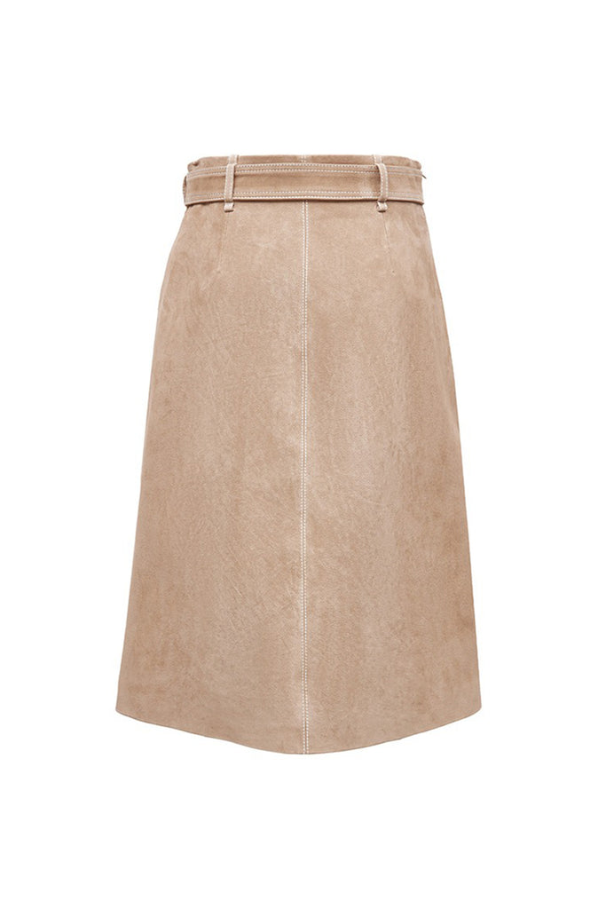 Goatskin Suede Belted  A-Line Midi Skirt with Slit  Fibflx