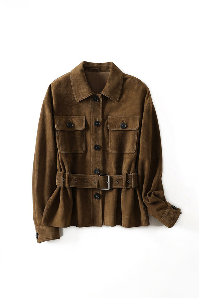 Goatskin Suede Belted Utility Jacket  Fibflx