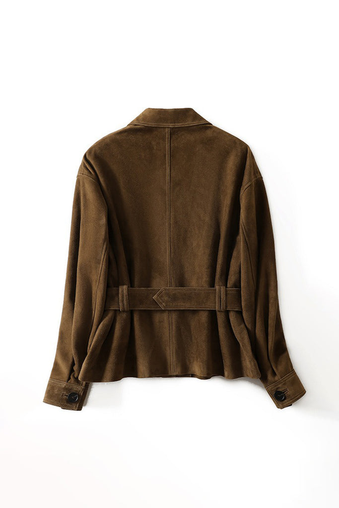Goatskin Suede Belted Utility Jacket  Fibflx