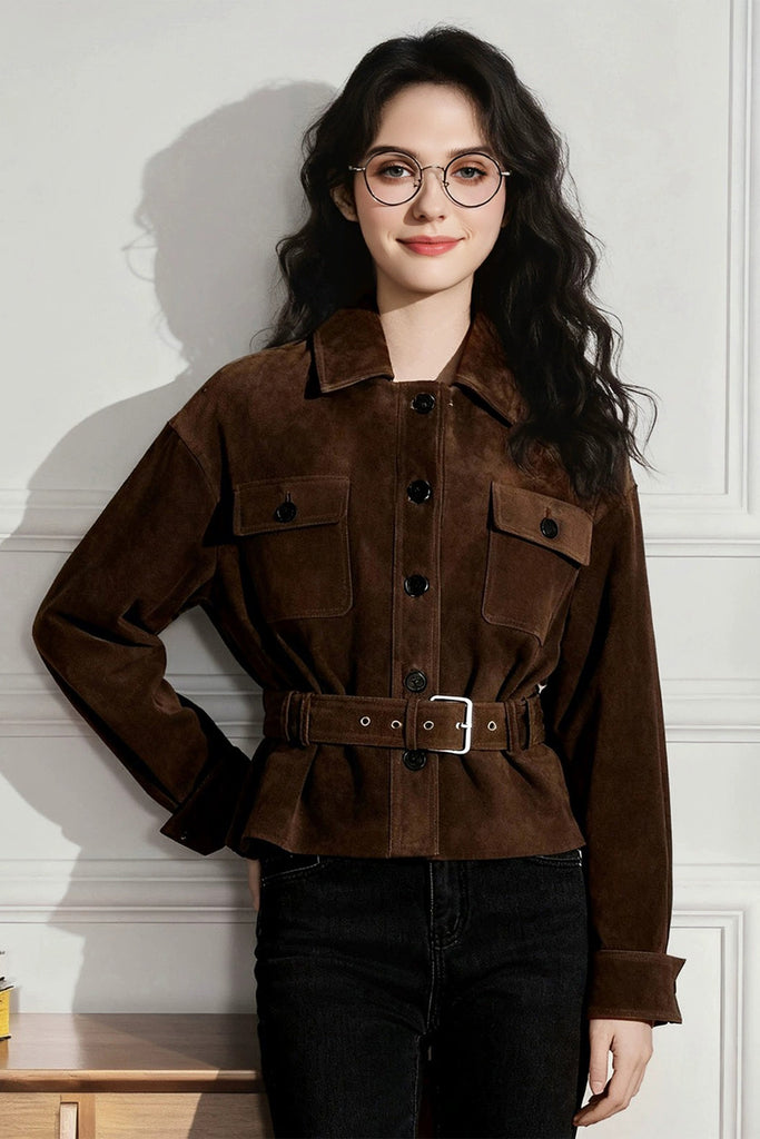 Goatskin Suede Belted Utility Jacket  Fibflx