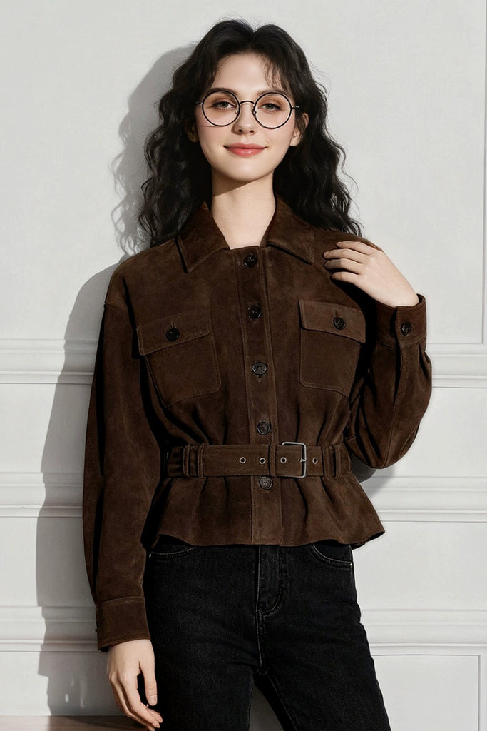 Goatskin Suede Belted Utility Jacket  Fibflx