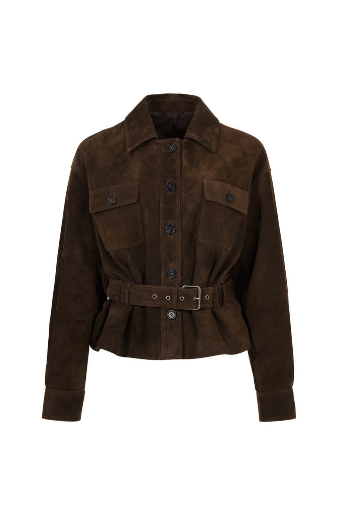 Goatskin Suede Belted Utility Jacket  Fibflx