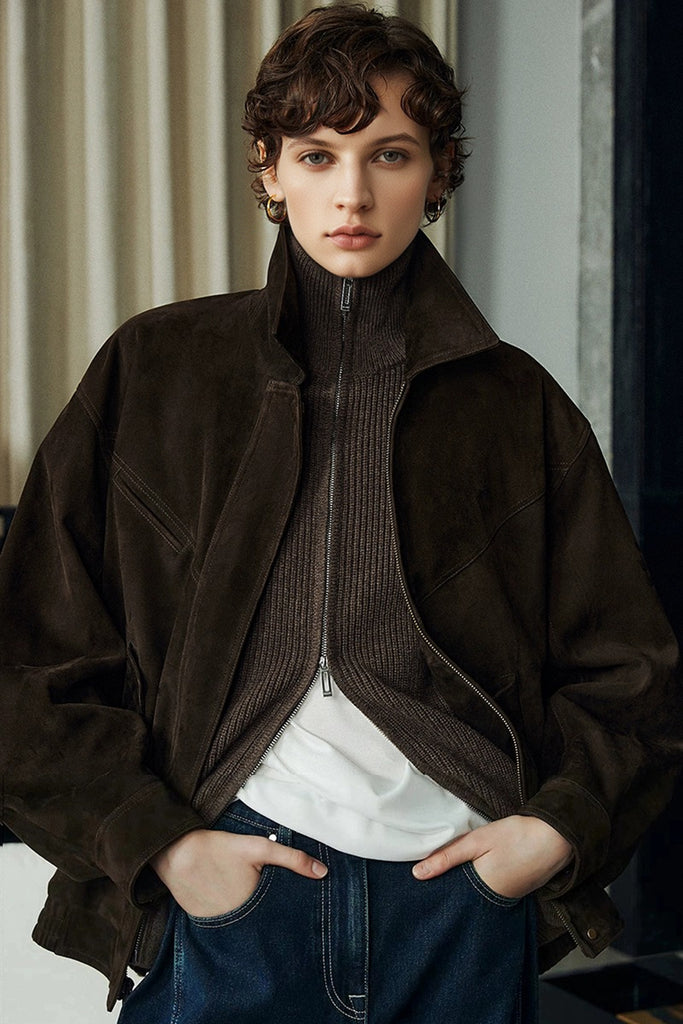 Goatskin Suede Bomber Blouson Jacket in Brown  Fibflx