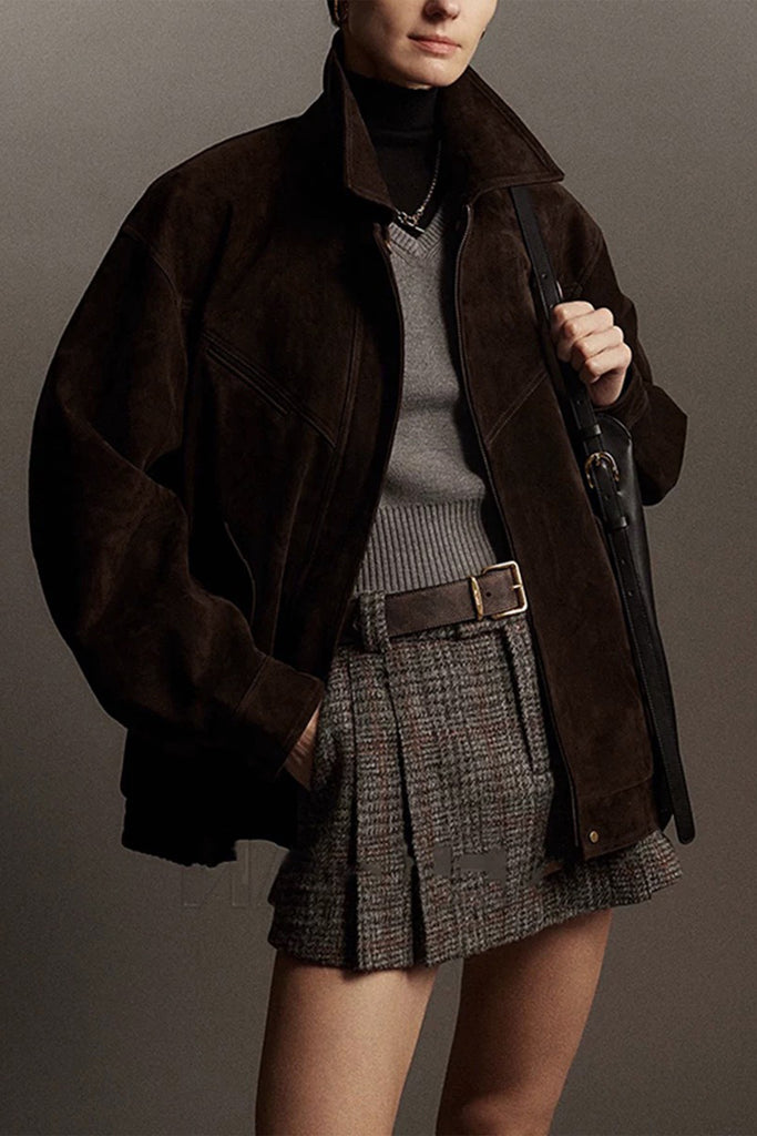 Goatskin Suede Bomber Blouson Jacket in Brown  Fibflx