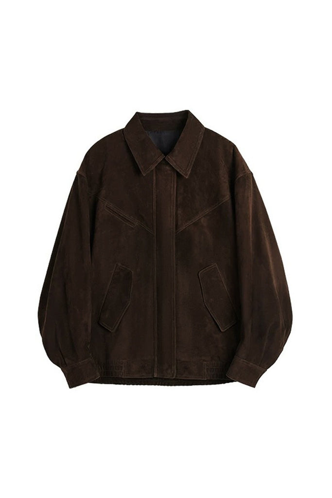 Goatskin Suede Bomber Blouson Jacket in Brown  Fibflx