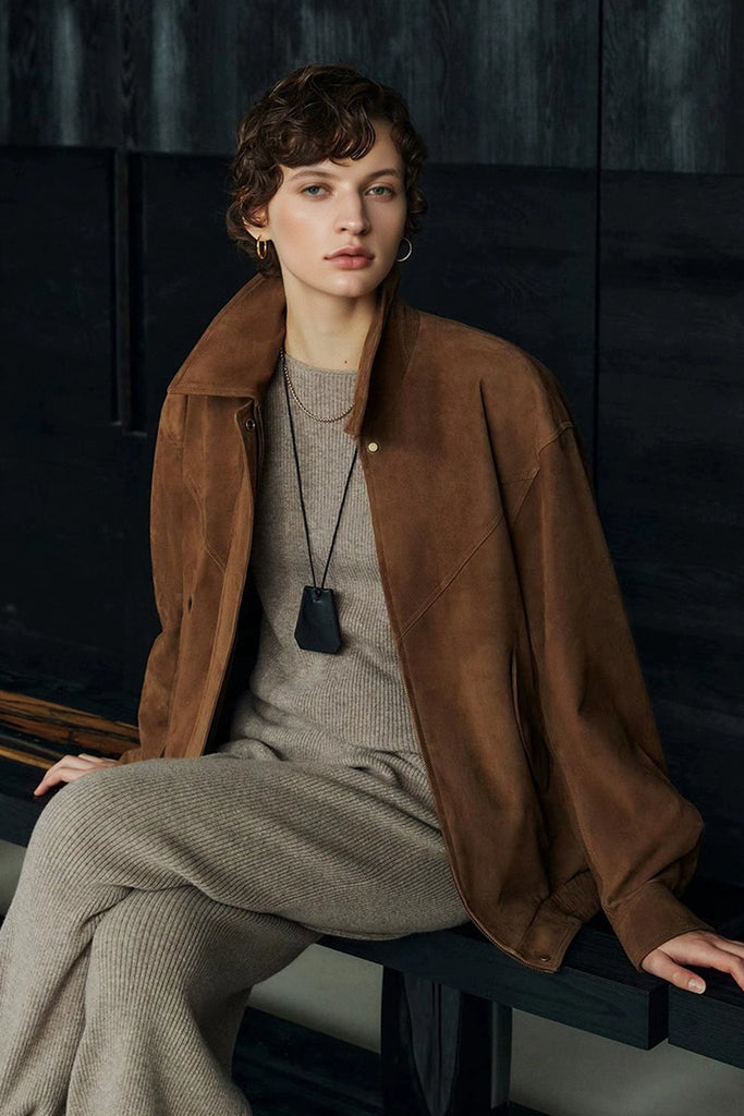 Goatskin Suede Bomber Blouson Jacket in Brown  Fibflx