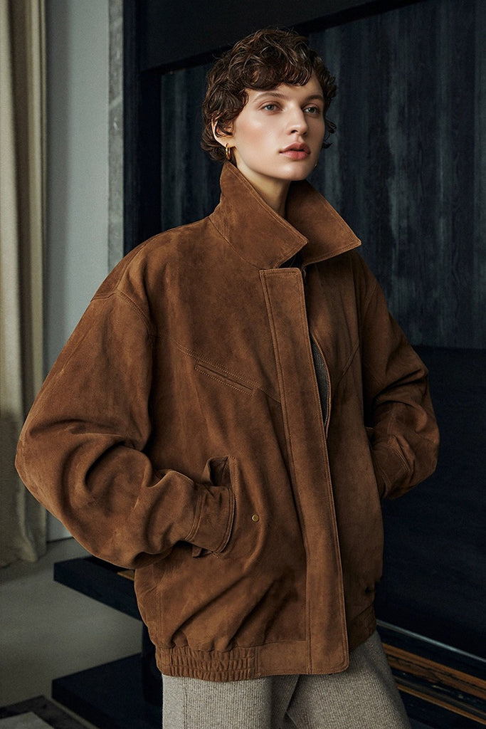 Goatskin Suede Bomber Blouson Jacket in Brown  Fibflx
