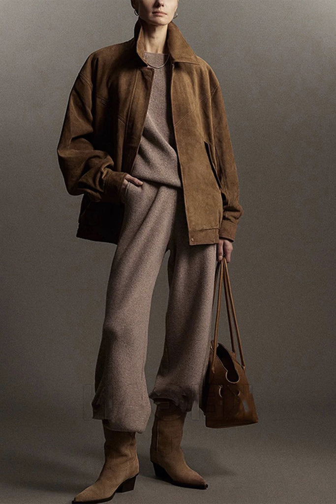 Goatskin Suede Bomber Blouson Jacket in Brown  Fibflx