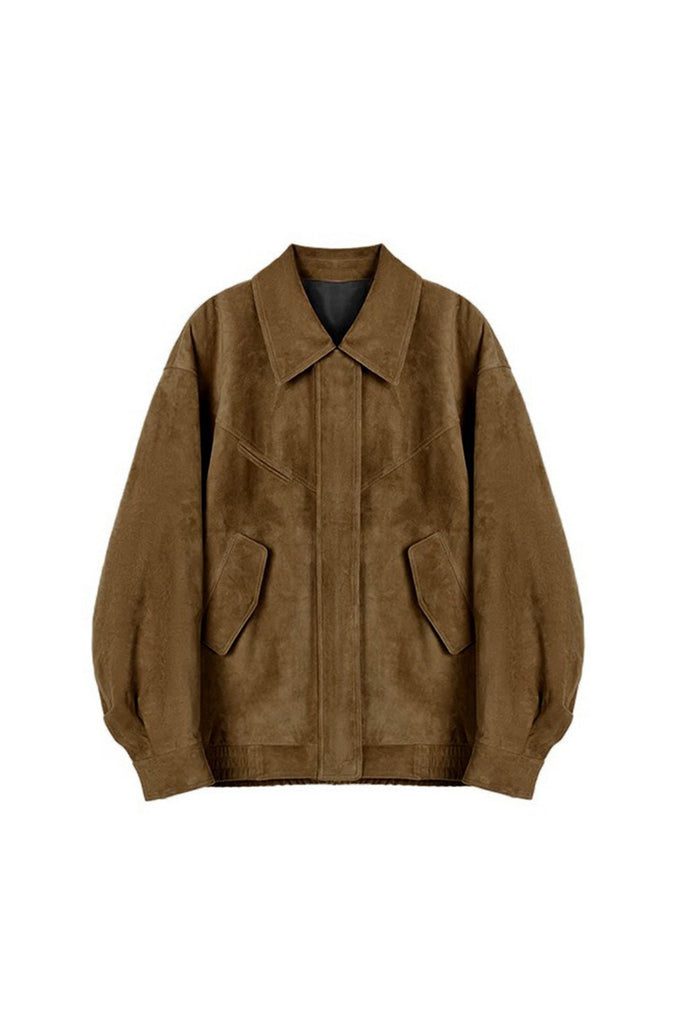 Goatskin Suede Bomber Blouson Jacket in Brown  Fibflx