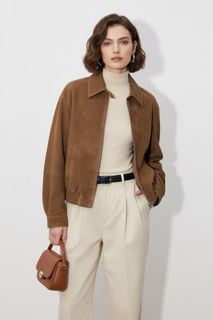 Goatskin Suede Cropped Harrington Jacket Golden Brown / L Fibflx