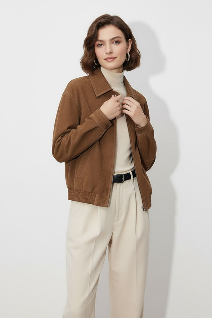 Goatskin Suede Cropped Harrington Jacket  Fibflx