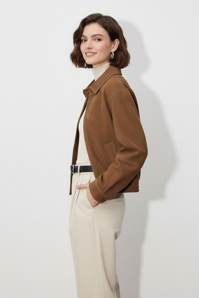 Goatskin Suede Cropped Harrington Jacket  Fibflx