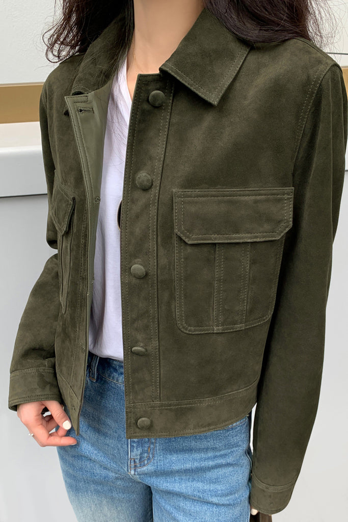 Goatskin Suede Cropped Trucker Utility Jacket  Fibflx