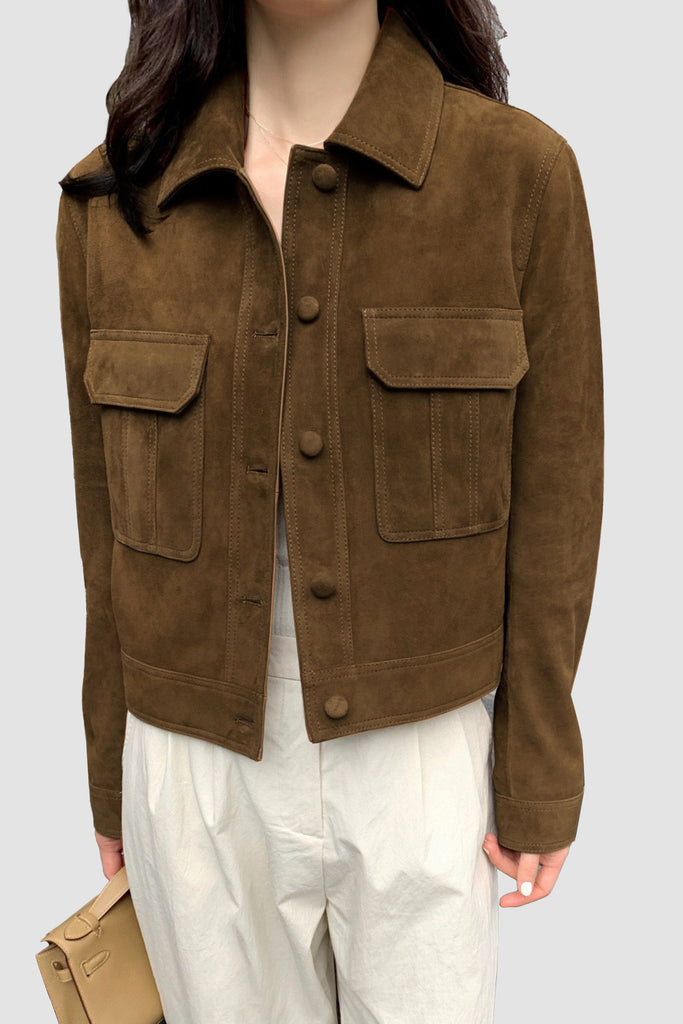 Goatskin Suede Cropped Trucker Utility Jacket  Fibflx