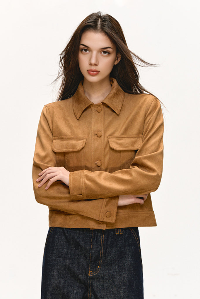Goatskin Suede Cropped Trucker Utility Jacket  Fibflx