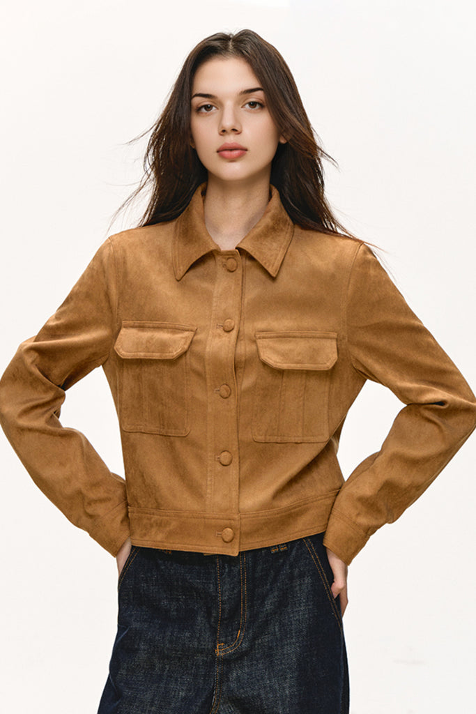 Goatskin Suede Cropped Trucker Utility Jacket  Fibflx