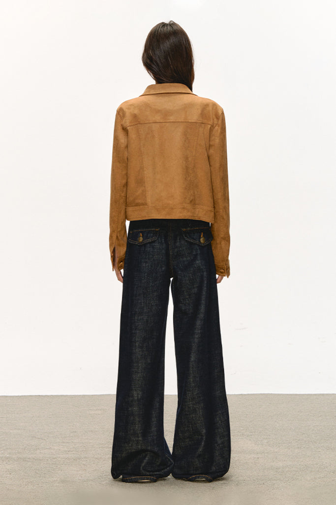 Goatskin Suede Cropped Trucker Utility Jacket  Fibflx