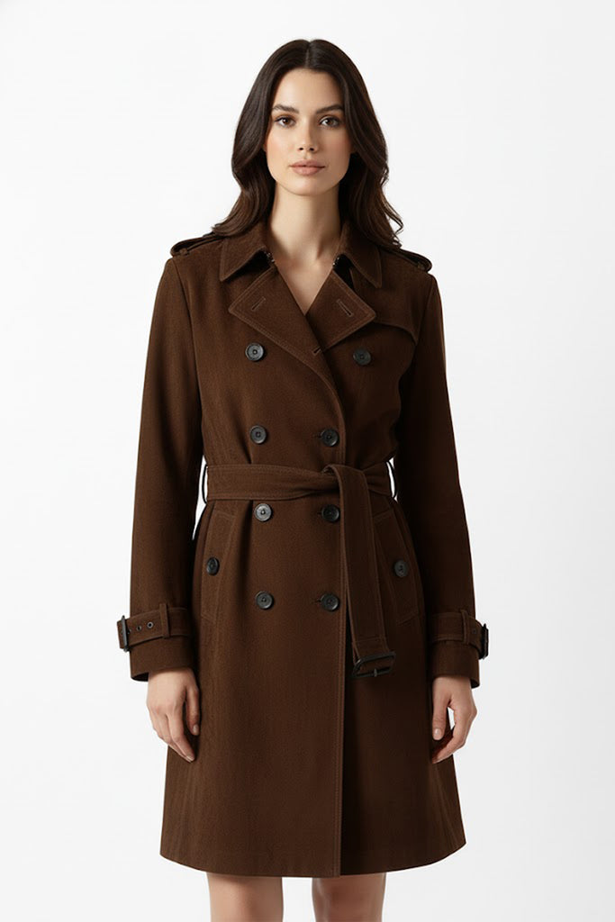 Goatskin Suede Double-Breasted Midi Trench Coat Coconut Brown / L Fibflx