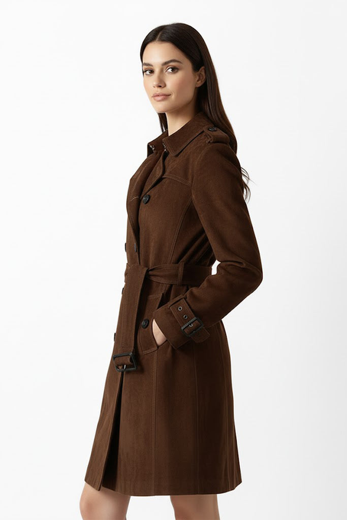 Goatskin Suede Double-Breasted Midi Trench Coat  Fibflx