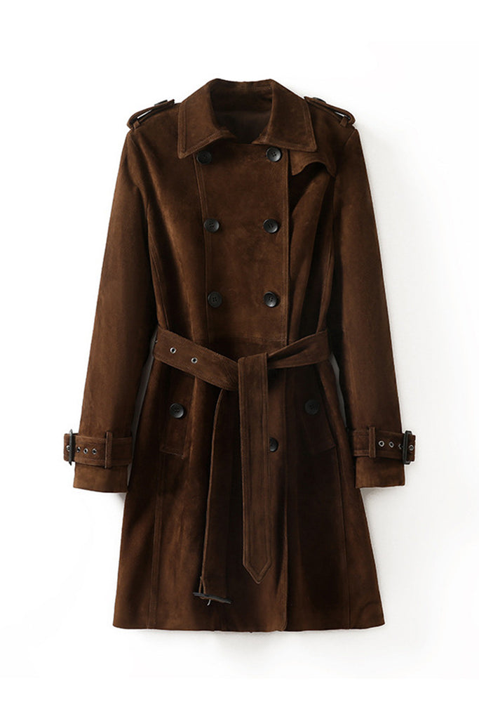 Goatskin Suede Double-Breasted Midi Trench Coat  Fibflx