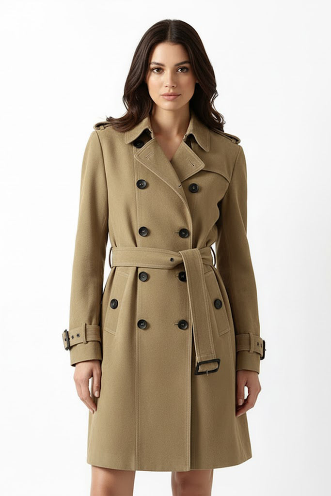 Goatskin Suede Double-Breasted Midi Trench Coat Khaki / L Fibflx
