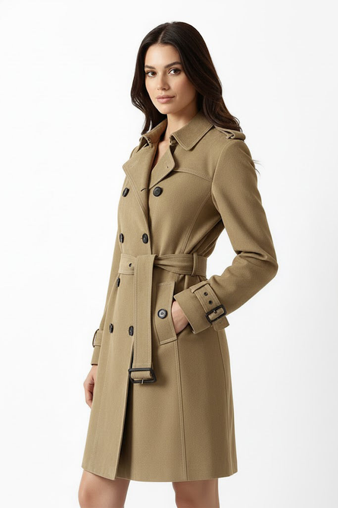 Goatskin Suede Double-Breasted Midi Trench Coat  Fibflx