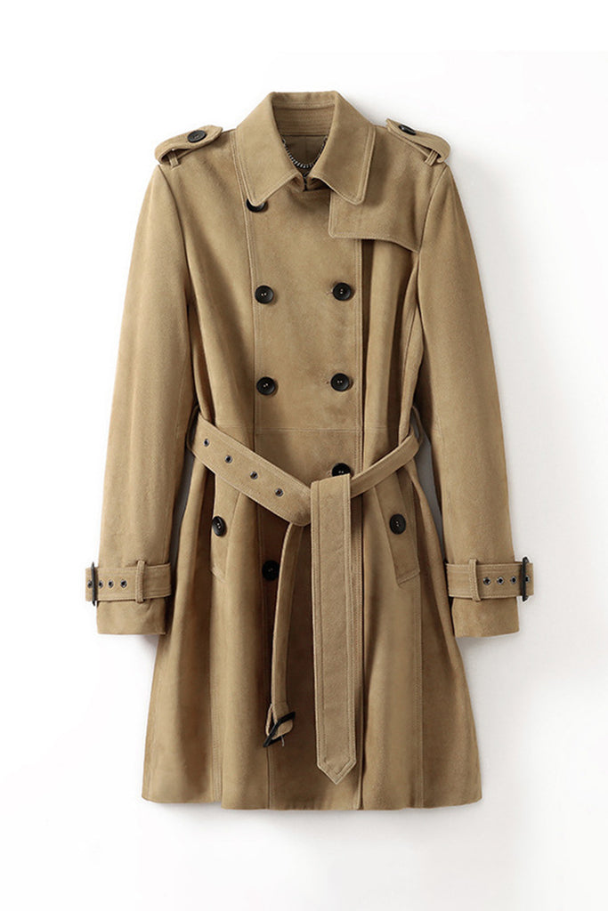 Goatskin Suede Double-Breasted Midi Trench Coat  Fibflx