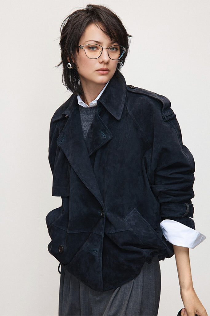 Goatskin Suede Double-Breasted Trench Jacket  Fibflx