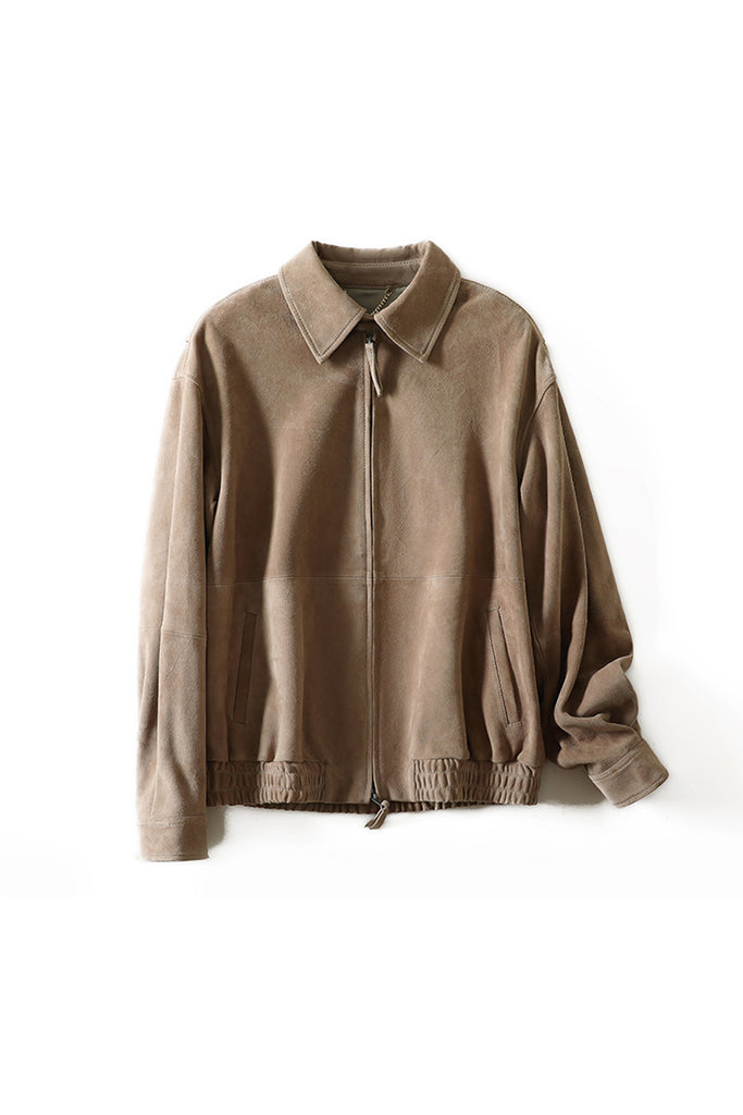 Goatskin Suede Double-Zip Harrington Bomber Jacket Milktea / L Fibflx