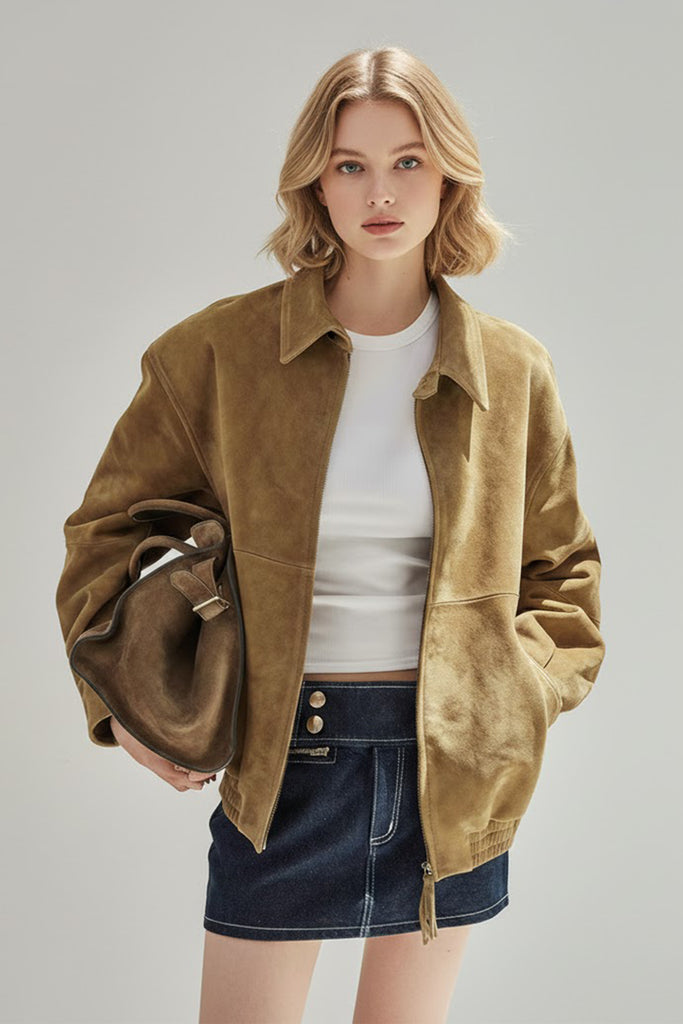 Goatskin Suede Double-Zip Harrington Bomber Jacket Sahara Beige / L Fibflx