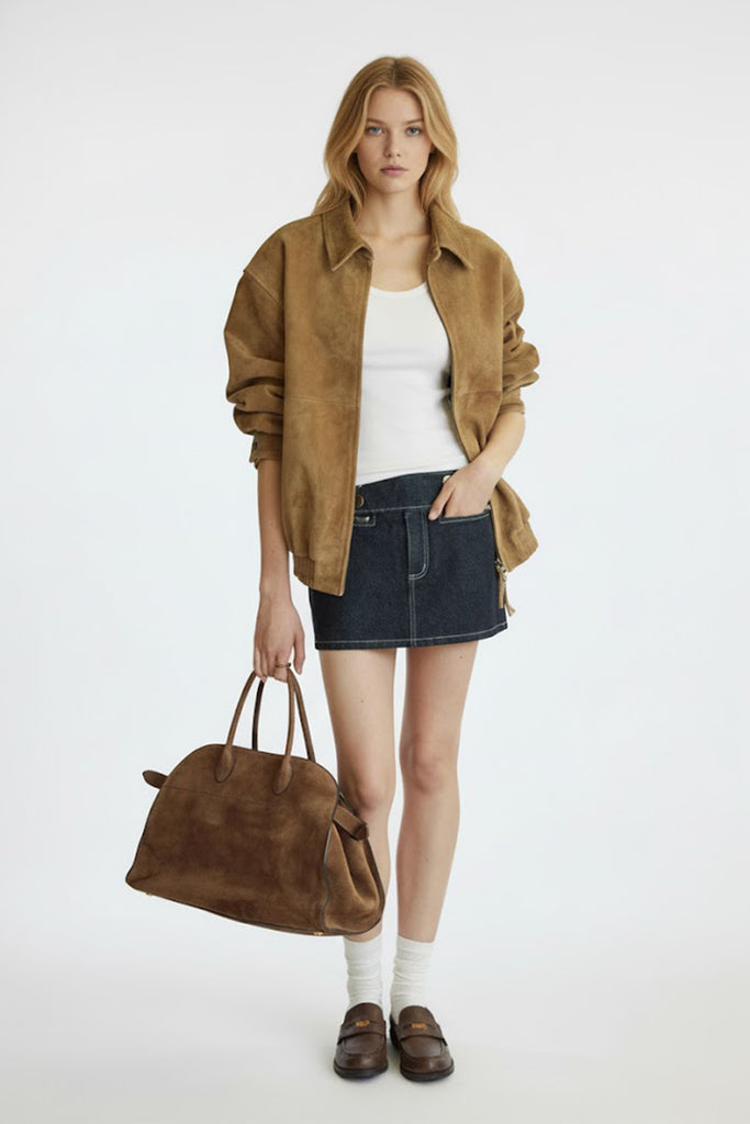 Goatskin Suede Double-Zip Harrington Bomber Jacket  Fibflx