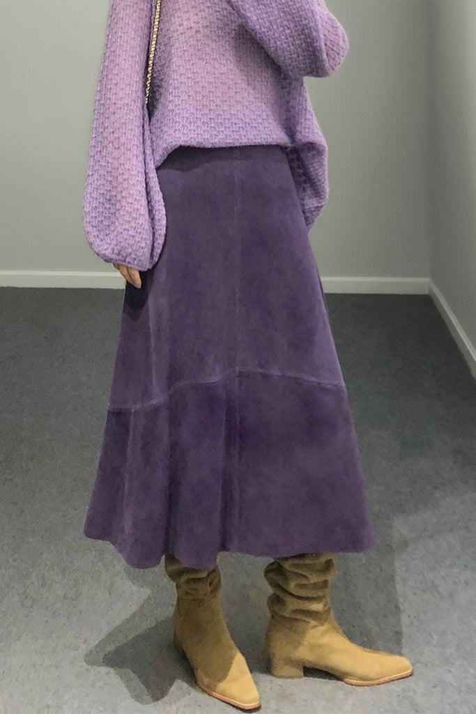 Goatskin Suede High-Waisted A-Line Midi Skirt  Fibflx