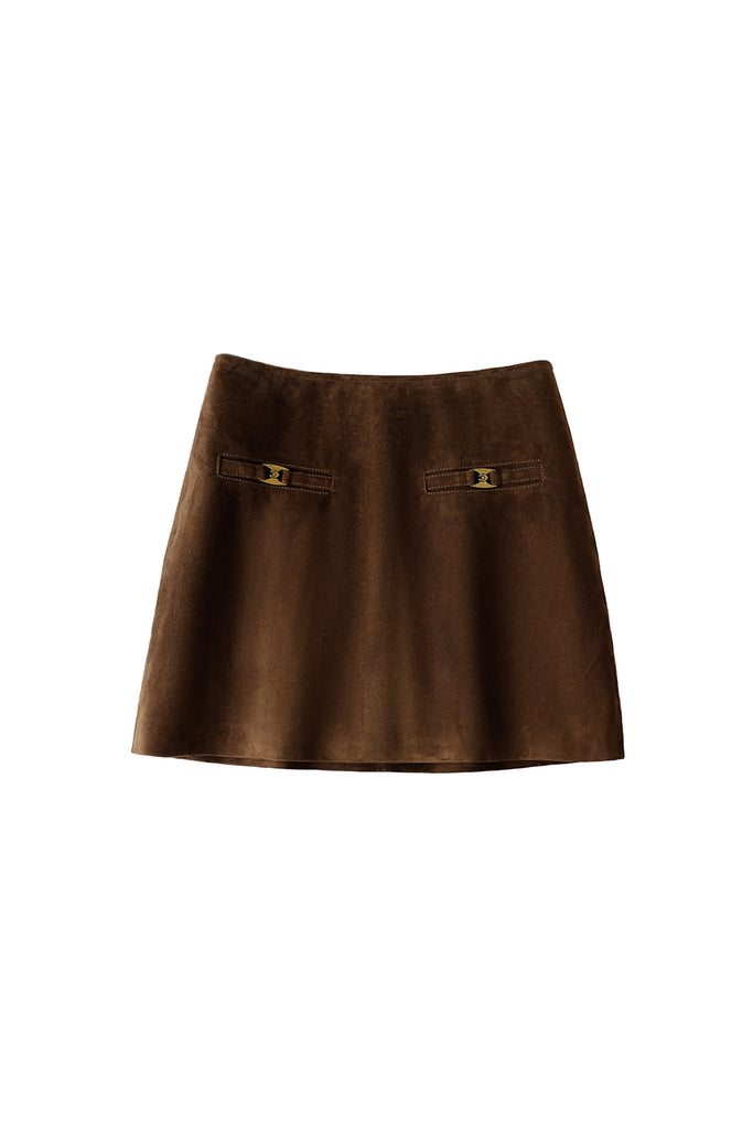 Goatskin Suede High-Waisted A-Line Mini Skirt in Brown Cocoa Brown / XL Fibflx