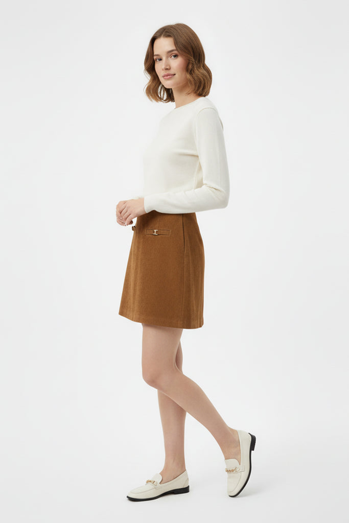 Goatskin Suede High-Waisted A-Line Mini Skirt in Brown  Fibflx
