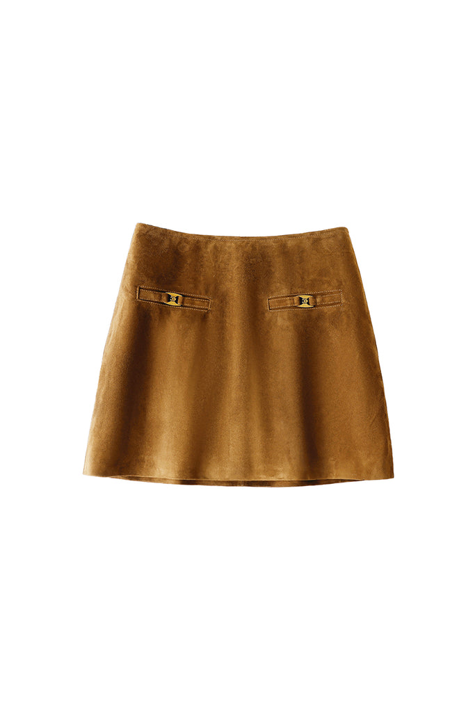 Goatskin Suede High-Waisted A-Line Mini Skirt in Brown  Fibflx