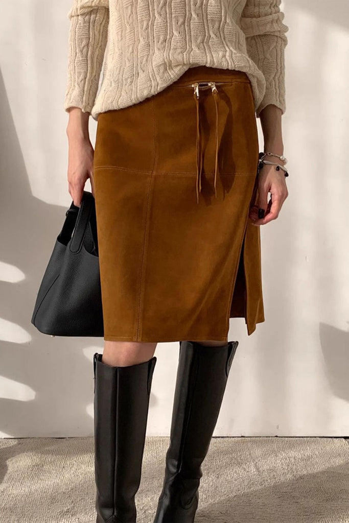 Goatskin Suede High-Waisted Front-Zip Straight Midi Skirt Golden Brown / L Fibflx