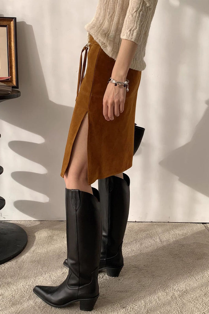 Goatskin Suede High-Waisted Front-Zip Straight Midi Skirt  Fibflx