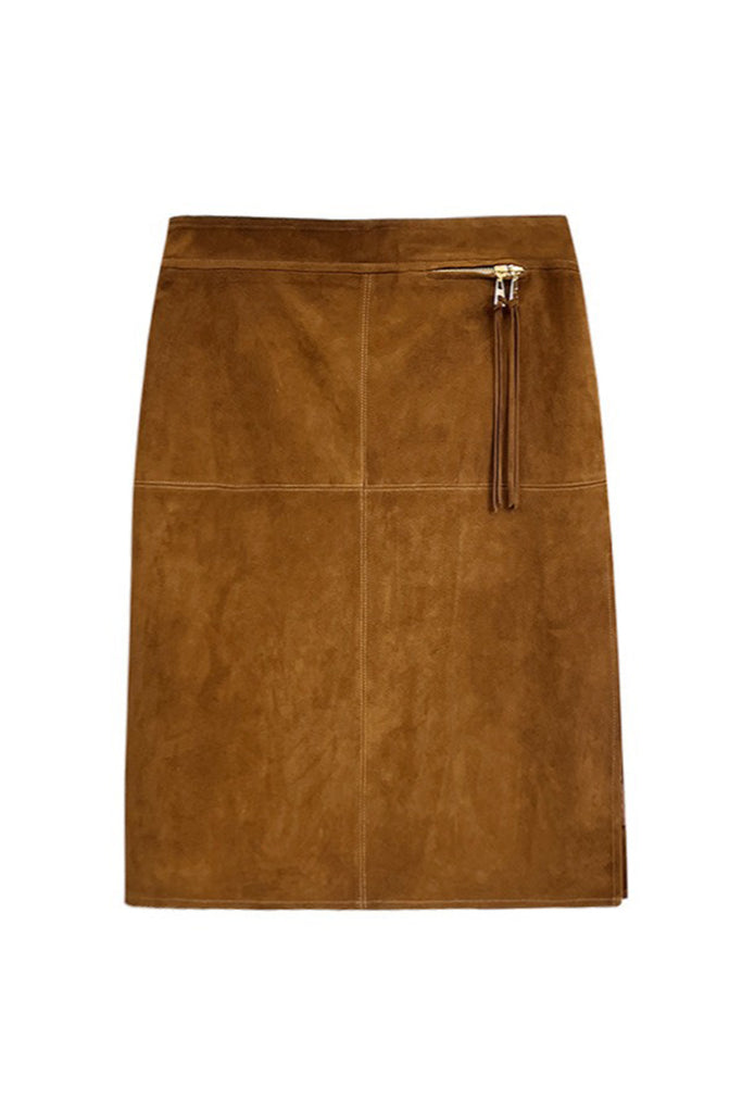 Goatskin Suede High-Waisted Front-Zip Straight Midi Skirt  Fibflx