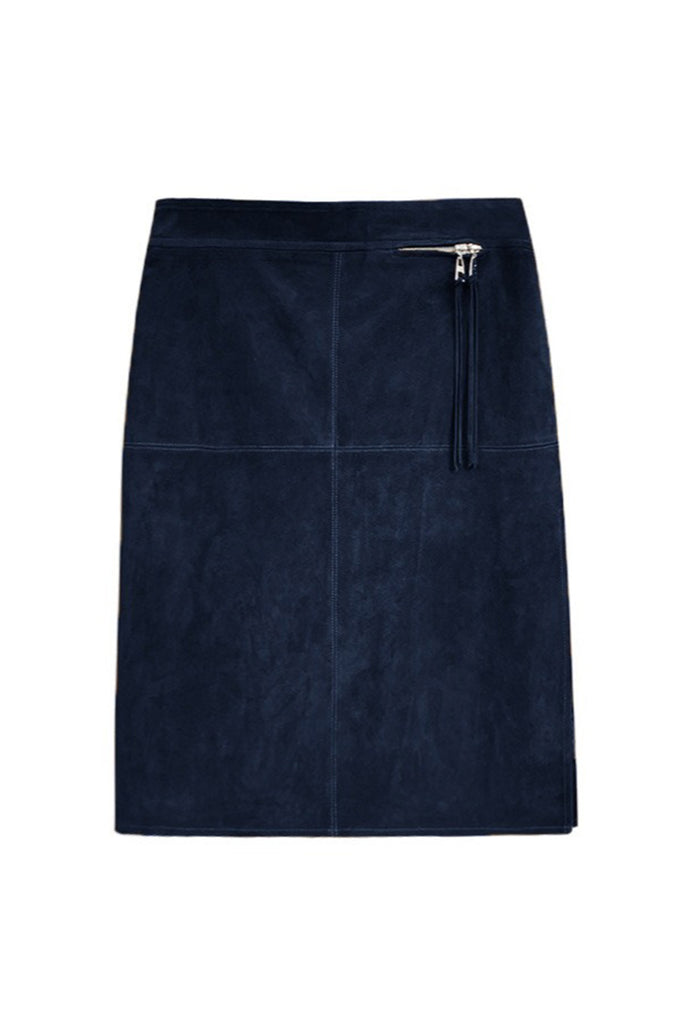 Goatskin Suede High-Waisted Front-Zip Straight Midi Skirt Mid Night Blue / L Fibflx